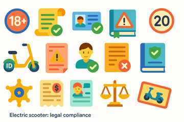 Legal compliance flat icon set. law, regulation, safety icons for business