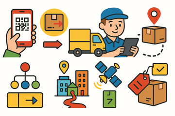 Delivery and logistics flat icon set. shipping, tracking, package management icons collection