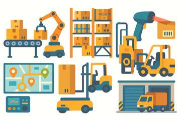 Warehouse, logistics flat icon set. inventory, supply chain management, shipping