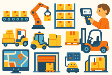 Logistics and delivery flat icon set: warehouse, shipping, freight, cargo, transport
