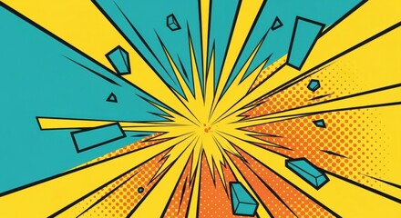 Comic book explosion effect with radial lines, halftone dots, and scattered geometric shapes in yellow, teal, and orange.