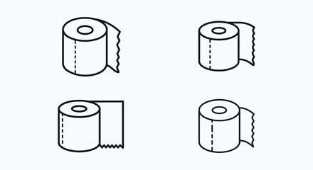 Four different views of a roll of toilet paper in simple line drawings