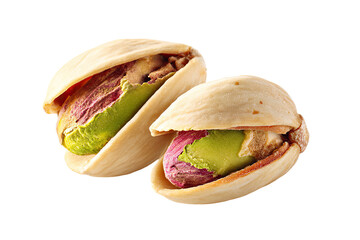 Two shelled pistachios, close-up.  The outer shells are light beige, and the inner, fleshy pistachio halves are a pale green.  Pinkish-purple husk remains visible