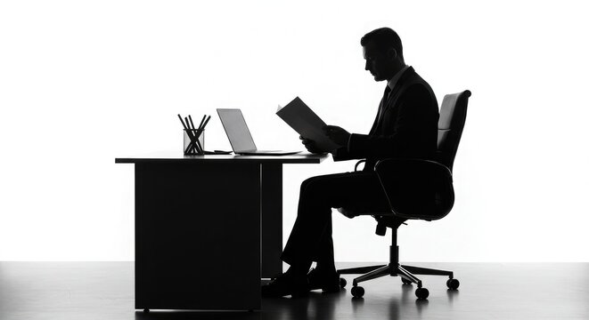 Focused businessman in silhouette reading document at desk with laptop, exuding professional dedication and deep concentration in a modern workspace