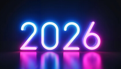 Neon 2026 sign glowing in blue and pink against dark background  
