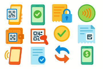 Finance, payment flat icon set. digital wallet, qr code, secure transaction icons