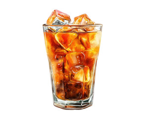 Iced coffee in a glass, with ice cubes.  A digital illustration, showcasing a refreshing beverage, with vibrant colors and detailed textures