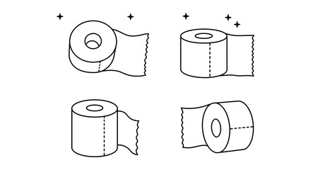 Four different views of a roll of toilet paper in simple line drawings