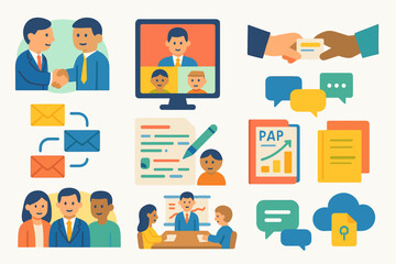 Business communication flat icon set. networking, teamwork, email icons collection