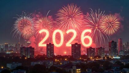Obraz premium Fireworks display celebrating New Year 2026 over city skyline 