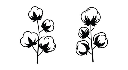 Black and white illustration of two cotton plants with fluffy bolls © MALA