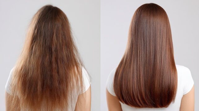 Before and after hair comparison with batana oil treatment, showing transformation from dry frizz to smooth glossy strands.