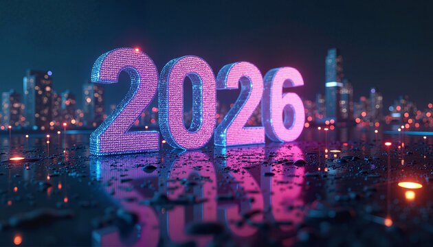 2026 illuminated numbers reflecting on wet surface at night  