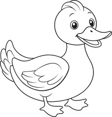 Cartoon duck outline illustration featuring smiling duckling in black and white style perfect for kids coloring and activity books