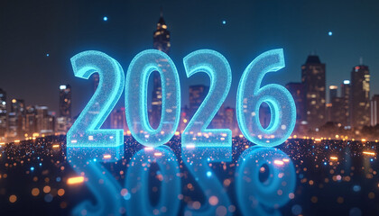 Futuristic glowing 2026 numbers with city skyline at night