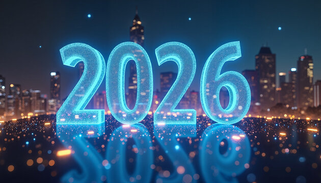 Futuristic glowing 2026 numbers with city skyline at night  