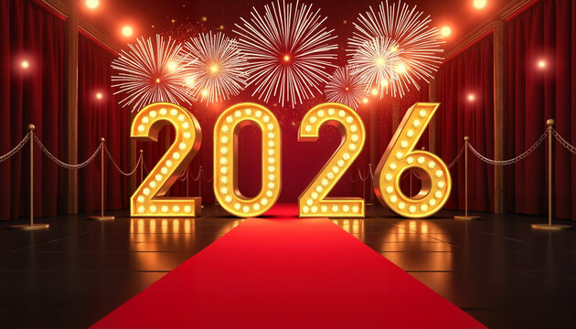 Illuminated 2026 sign with fireworks and red carpet backdrop   - Powered by Adobe
