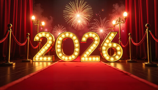 Glowing 2026 sign with fireworks on red carpet backdrop