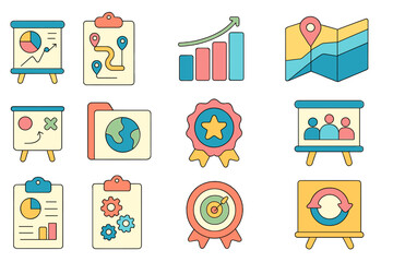 Business and marketing icon set. professional growth icons outline collection