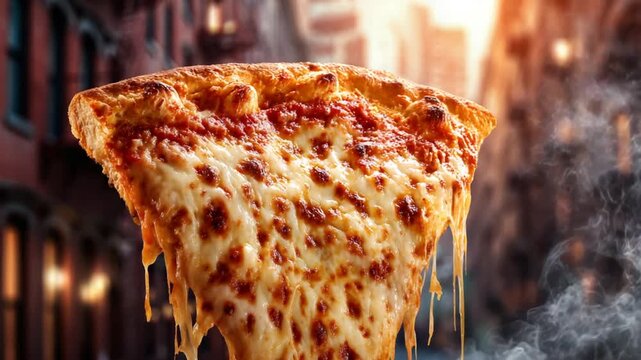 Large pizza slice with melted cheese and tomato sauce, city background