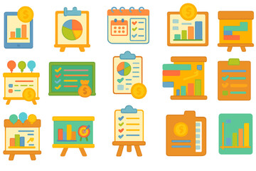 Business analytics icon set. charts, graphs, and data in colorful flat design