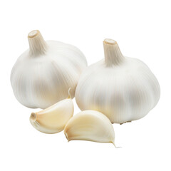 Two whole garlic bulbs and cloves isolated on transparent background