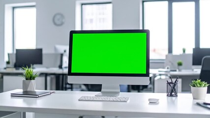 Modern open office space with computer monitors featuring green screens for easy customization