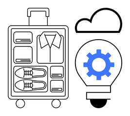 Packed suitcase with folded clothes and shoes, cloud icon, and lightbulb with gear symbolizing innovation, travel, efficiency, organization, creativity, planning and future ideas. Ideal for travel