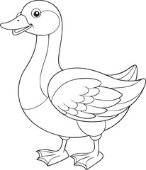 Cartoon goose outline illustration in black and white style featuring upright friendly goose for coloring and kids activities