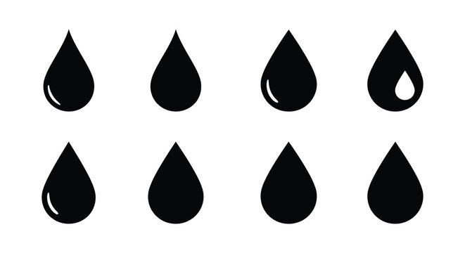 Eight black teardrop shapes with shiny highlights on a white background