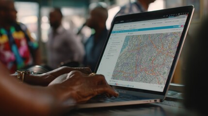 Medium shot of focused volunteer typing coordinates into laptop screen displaying mapping software sharply focused blurred background hints at teamwork and tile stacking.
