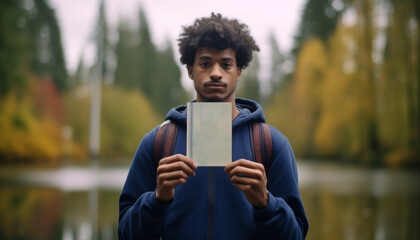 Fototapeta premium Young person holding a book by the serene lake with autumn trees in the background showcasing nature's beauty and a sense of reflection