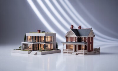 Two house models modern, boxy design and older, ornate brick style