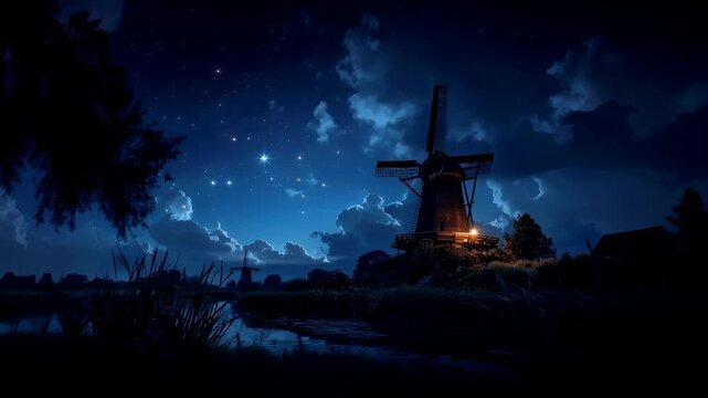 A digital artwork depicting a serene nighttime landscape with a windmill and a body of water. The sky is a deep blue with scattered clouds and stars, and the windmill is illuminated from within.
