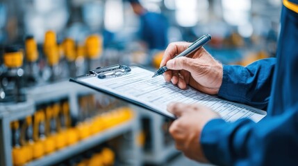 Technician pointing at FAT protocol printed on clipboard focus on hand and paper blurred assembly tools in industrial setting behind.