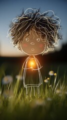 Whimsical Child Character Illustration Glowing Warmly in a Dreamy Meadow