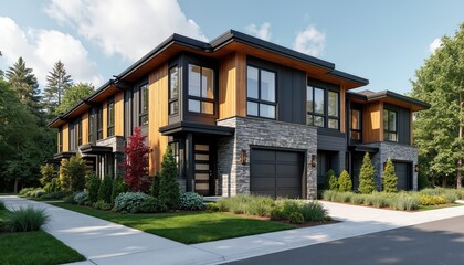 Modern townhomes with wood, stone facade, large windows, attached garages line manicured street. Rich green landscaping, including manicured bushes, trees, surrounds new residential properties.