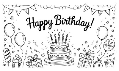 Birthday celebration party hand drawn items are showcased in a birthday sketch, complete with cake, kids, holiday doodle art drawing, and modern elements, along with a birthday card and gift