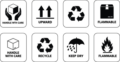 Collection of eight shipping and handling warning symbols on a white background icon