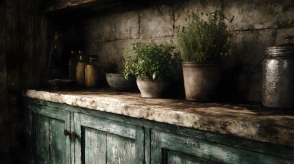 Fototapeta premium Rustic kitchen with vintage cabinets and fresh herbs