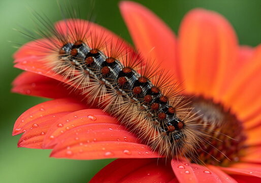 A detailed macro shot of a hairy brown and black caterpillar resting on a vibrant red flower with dewdrops.