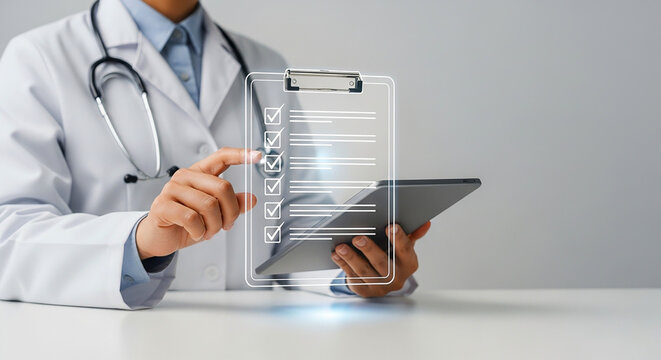 Doctor in lab coat using tablet with digital checklist overlay for medical data management and review on transparent background