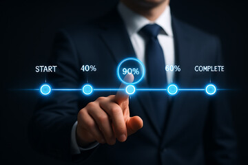 Businessman pointing at digital progress bar with multiple percentage levels showing task completion steps and project status