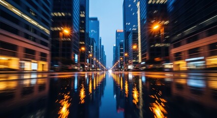 Obraz premium Vibrant cityscape reflections of blurry lights on wet streets at night