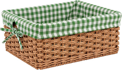 An empty rectangular wicker basket with a green and white checkered gingham fabric liner is perfect for a picnic or for home storage and organization