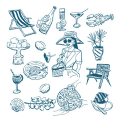 Dolce vita vector illustrations set. Hand drawn illustrations of italian style for invitations, menus design, cards, posters.