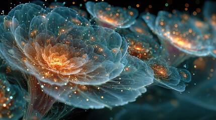 Naklejka premium Abstract Cyan and Orange Fractal Background with Glowing Particles