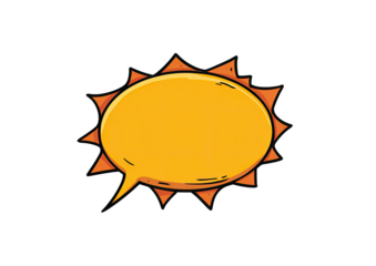 A cartoon sun-shaped speech bubble, yellow inside with orange outlines, and jagged edges