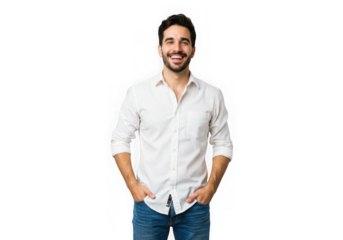Ai generated image of smiling man in white shirt and jeans isolated on transparent background