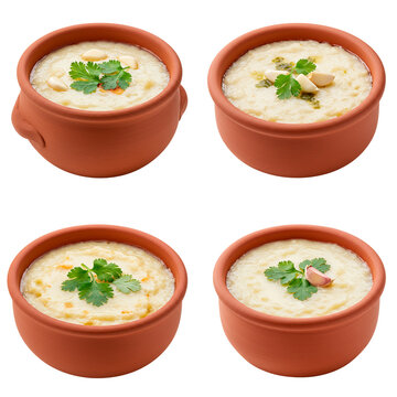 Set of four isolated images of Portuguese Acorda bread soup in traditional clay bowl rustic food photography on transparent background with copy space